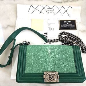 Chanel Green Lambskin Galuchat Stingray Medium Boy Bag